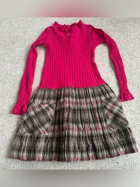 Lili Gaufrette Girls' Hot Pink Ribbed Top & Plaid Skirt Dress Size 10